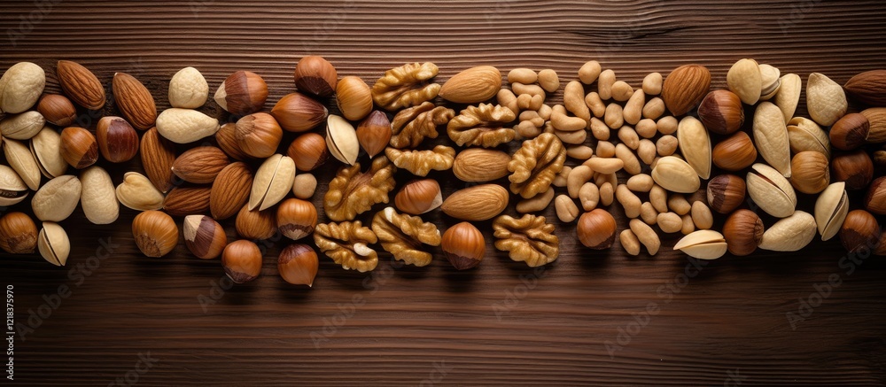 Poster Assorted nuts including almonds, walnuts, hazelnuts, and peanuts arranged in a natural pattern on a dark wooden background.