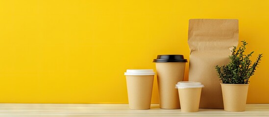 Eco-friendly takeaway packaging in natural brown tones arranged on a light wooden surface against a vibrant yellow background promoting sustainability.