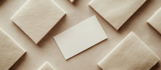 Neutral colored felt sheets arranged in flat lay with an empty white label centered for ample copy space showcasing a clean, minimalistic design