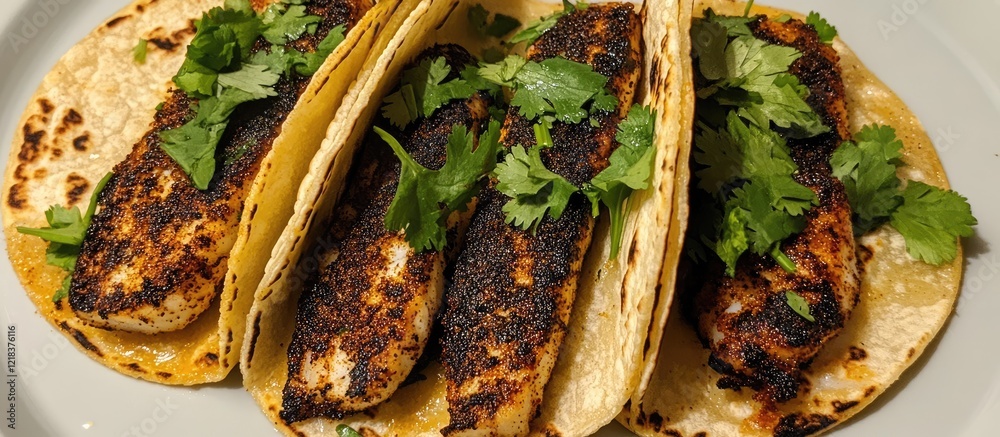Aufkleber delicious blackened fish tacos on warm tortillas garnished with fresh cilantro against a light backg