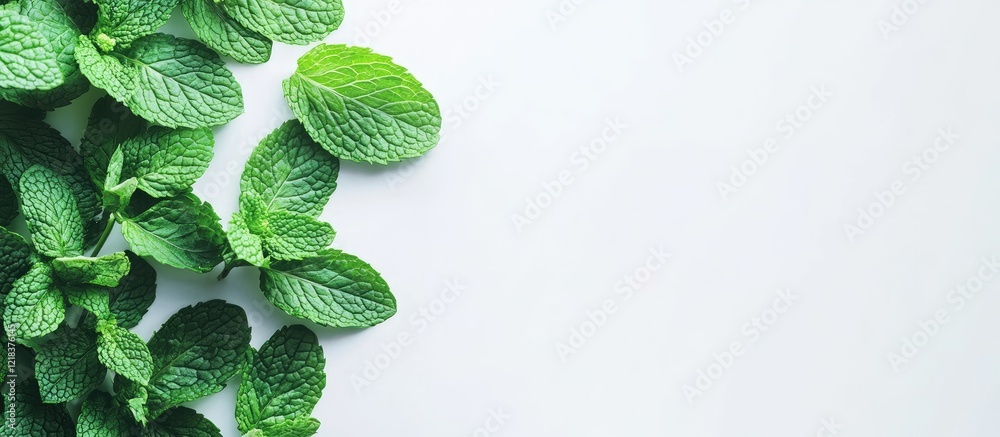 Poster fresh vibrant green mint leaves arranged on a white background from a top view perspective ideal for