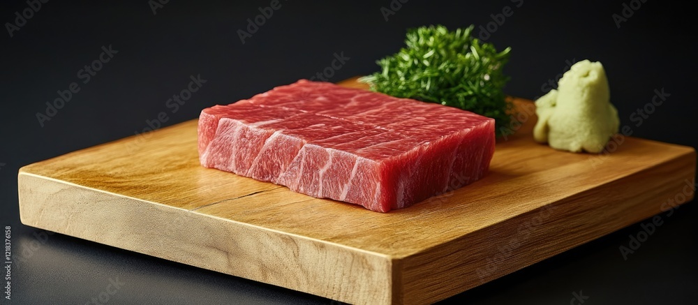 Aufkleber fresh sashimi slice on a wooden board with vibrant wasabi and green garnish in the background agains