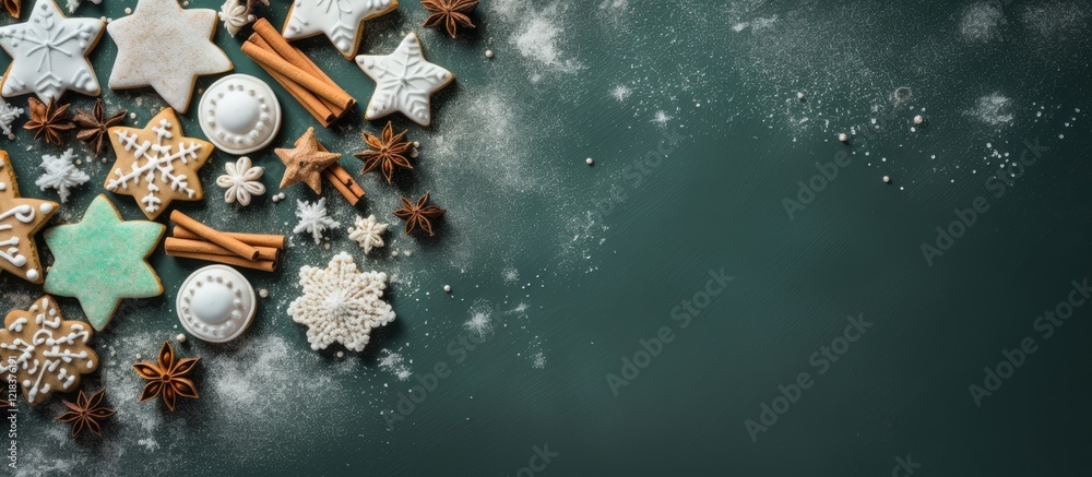 Poster festive winter pastry cookies with icing and star toppings arranged on dark green background with sc