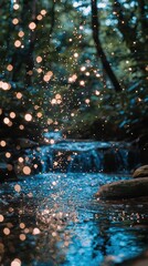 Fototapeta premium A serene alien landscape bathed in the glow of a massive blue star. Radiant plants with bioluminescent leaves dot the terrain, and shimmering rivers of liquid stardust carve through the ground. 