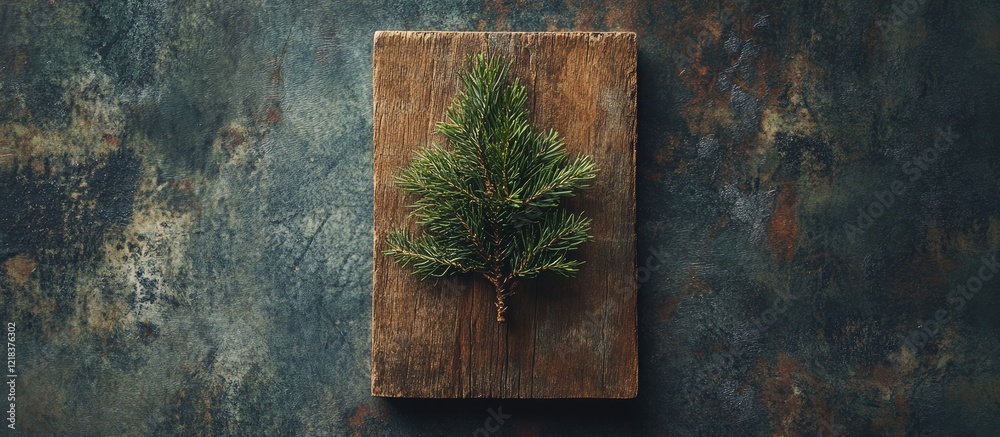 Poster artistic flat lay of a vibrant pine branch centered on a rustic wooden board, set against a textured