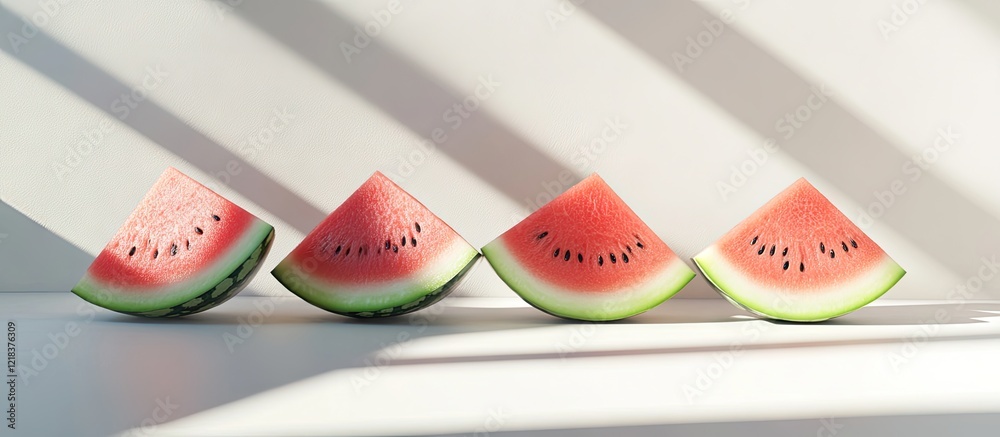 Poster Vibrant watermelon slices arranged in a row on a light background with diagonal shadows highlighting their red flesh and green rind textures