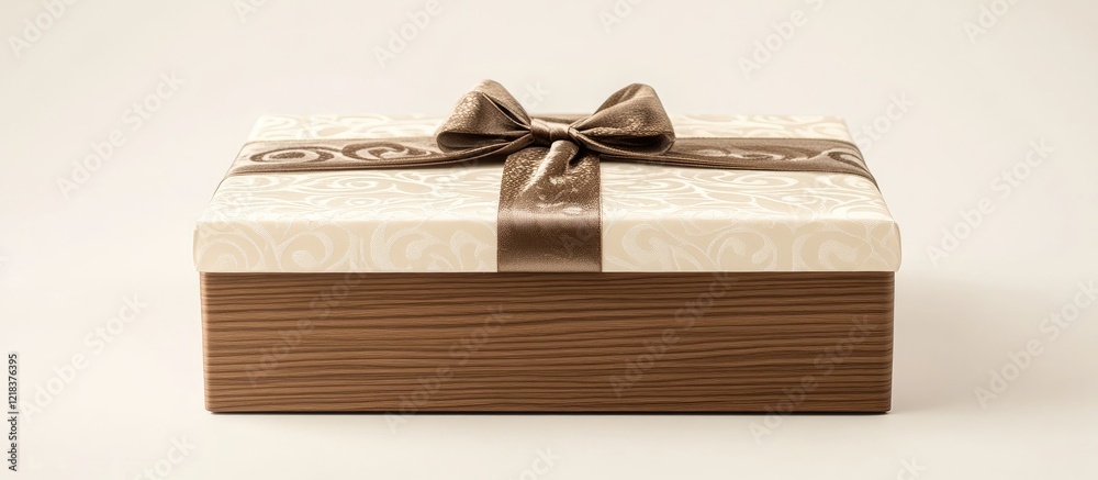 Poster elegant gift box in cream and brown tones positioned centrally on a soft beige background, showcasin