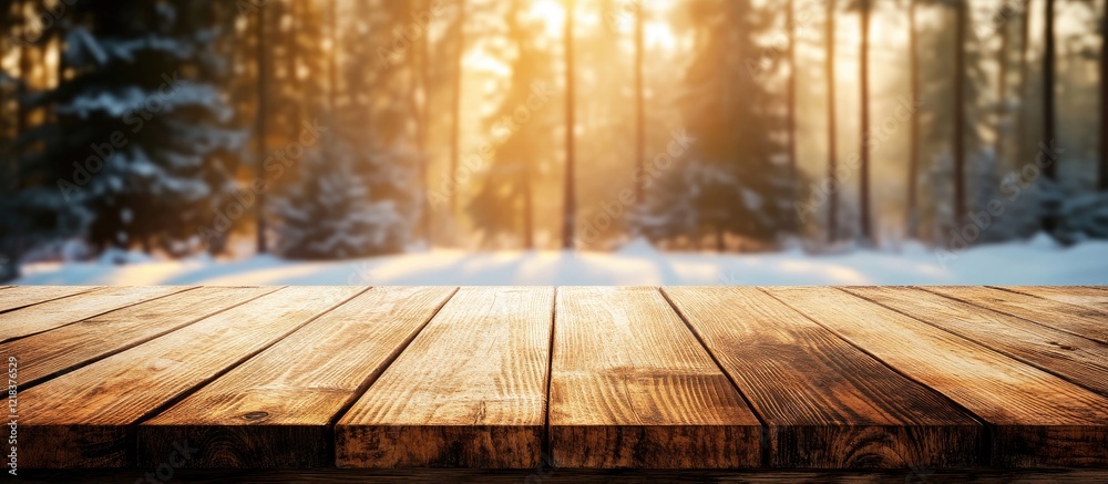 Poster wooden table in foreground with blurred snowy forest backdrop illuminated by soft sunlight creating 
