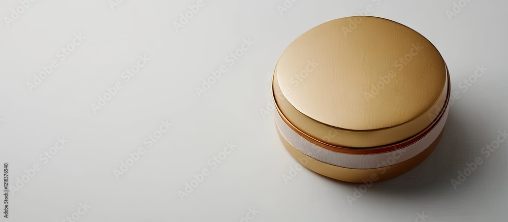 Poster Gold round gift box with a white band positioned on the left against a soft white background emphasizing elegance and simplicity in design