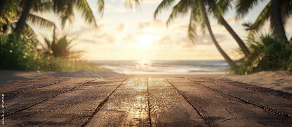 Leinwandbilder wooden table in the foreground with blurred ocean beach view and palm trees bathed in warm sunset li