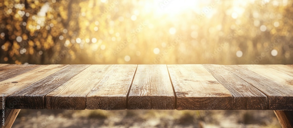 Leinwandbilder wooden table in foreground with warm golden tones and blurred beach backdrop creating a serene produ