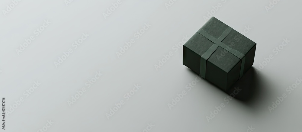 Poster minimalist top view of a dark green gift box with a cross ribbon on a light gray background emphasiz