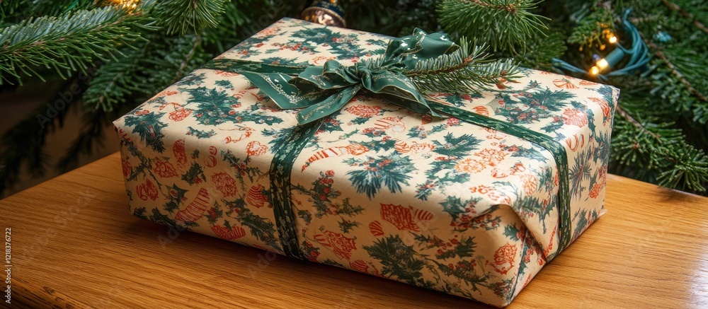 Aufkleber festively wrapped holiday present with floral design resting on wooden table by a christmas tree wit