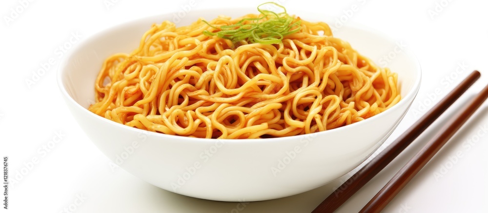 Poster delicious bowl of steaming hot noodles with a sprig of green garnish on top, positioned centrally on
