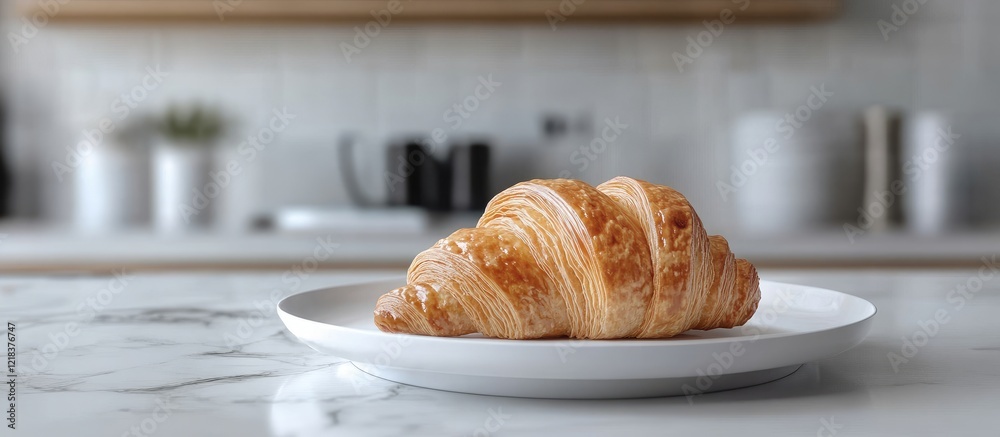 Poster closeup of a flaky golden brown croissant on a white plate centered on a marble surface with a soft 