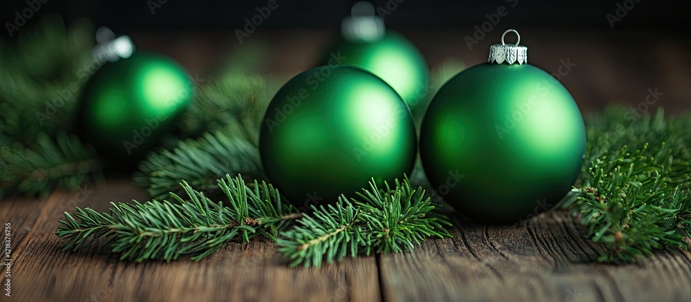 Poster elegant green christmas ornaments on juniper branches arranged on a rustic wooden surface create a w
