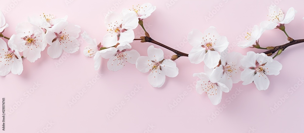 Poster white cherry blossom branch positioned horizontally on soft light pink background with ample negativ