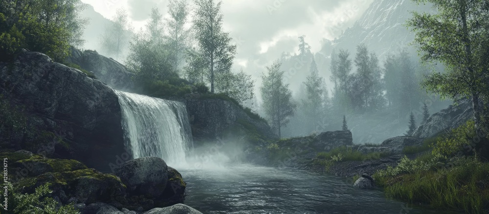 Poster serene forest landscape with a cascading waterfall on a tranquil mountain stream surrounded by lush 