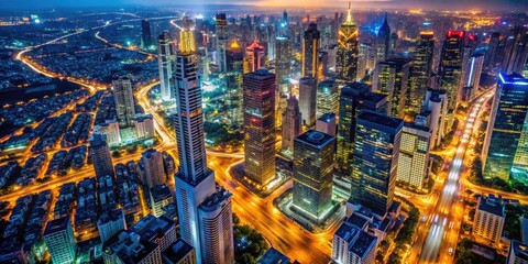 Illuminated skyscrapers dominate the night; an aerial urban exploration photograph reveals a city's vibrant pulse.