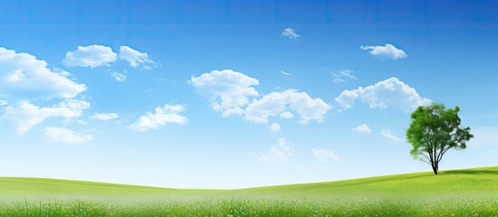 Serene summer landscape features a vibrant blue sky with fluffy white clouds over lush green hills and a solitary green tree on the left side.