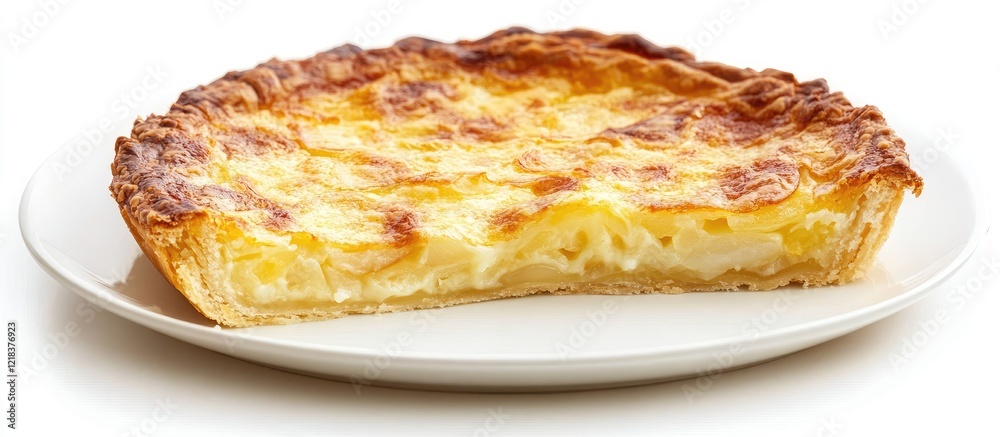 Poster golden crust onion pie on a white plate with a slice removed showcasing creamy filling ideal for gat