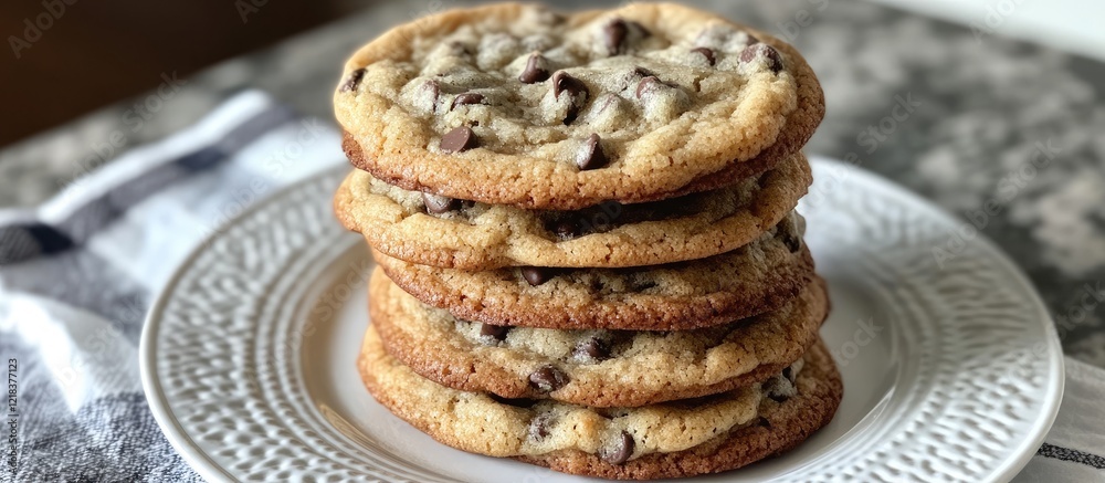Poster stack of five golden-brown vanilla chocolate chip cookies on a white plate against a textured gray b
