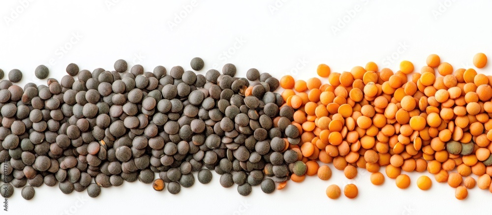 Poster Black and orange lentils on white background, displaying distinct textures and colors, arranged side by side to highlight their unique characteristics.