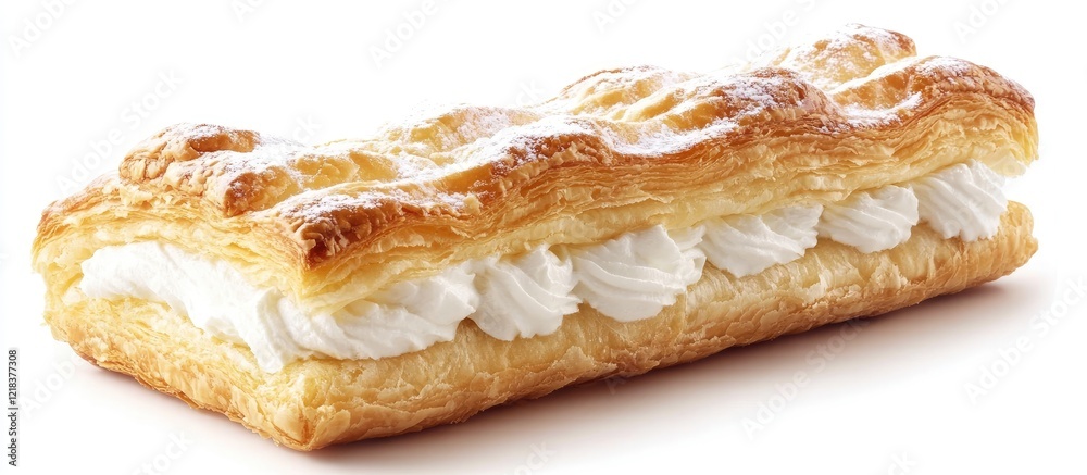 Poster puff pastry bread with a golden flaky texture and soft white cream filling positioned center on a cl