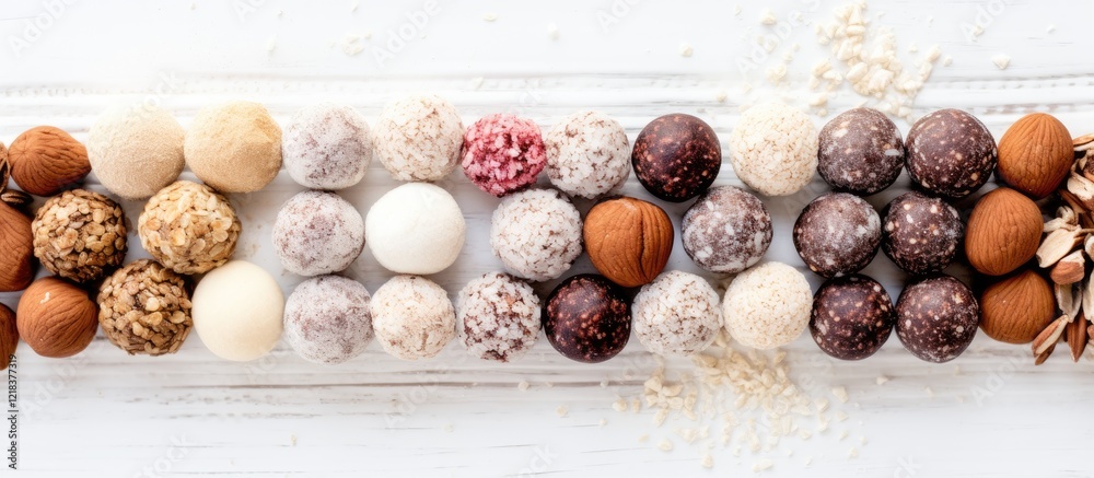 Poster Colorful assortment of vegan bliss balls displayed on a clear platter with dates hazelnuts and cocoa powder on a white wooden background.