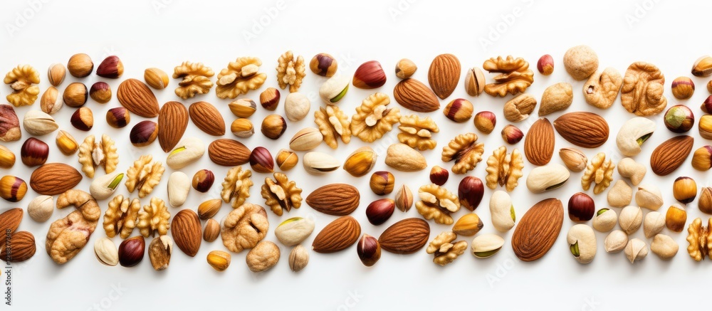 Poster Assorted nuts including almonds walnuts hazelnuts pecans and pistachios arranged in a horizontal line on a bright white background