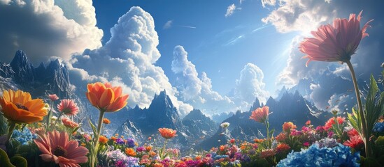 Vibrant fantasy landscape featuring colorful blooming flowers in foreground under bright blue sky with fluffy clouds and majestic mountains in background