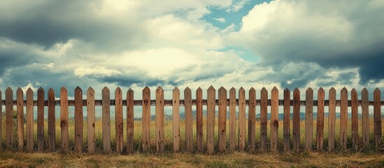 Obraz premium Serene empty picket fence in foreground against a dramatic cloudy sky creates a tranquil atmosphere with earthy tones and soft blue hues.
