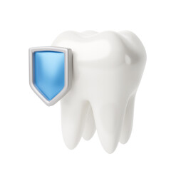 White tooth with a blue shield as a symbol of protection. 3d render. isolated on white