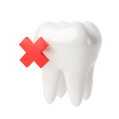White tooth with a red cross symbol. 3d render. isolated on white
