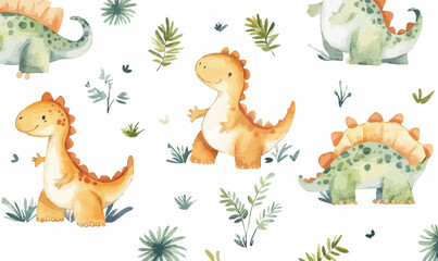 Cute Baby Dinosaur Watercolor Seamless Pattern for Kids Illustration Design
