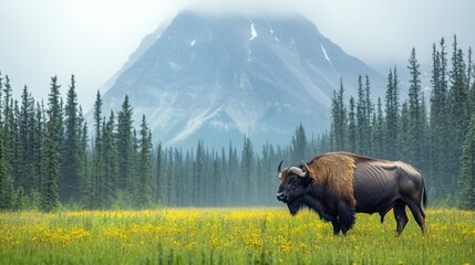 Majestic bison grazing in a vibrant meadow, with a misty mountain backdrop.