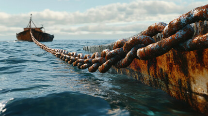 Obraz premium long rusted chain coming out of the sea water