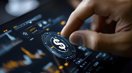 Hand interacting with digital financial interface on tablet screen, showcasing data analysis and investment opportunities