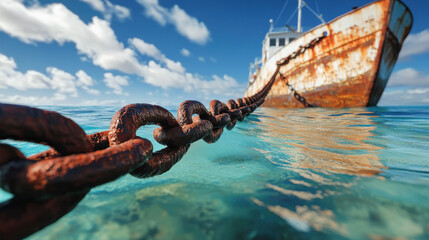 long rusted chain coming out of the sea water