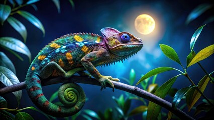 Leafy branch hides a nocturnal chameleon; its reptilian camouflage masters the night's shadows.