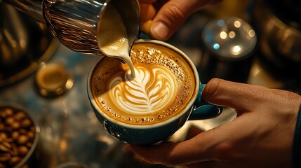 A barista pouring latte art in a coffee cup close up shot