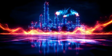 Fototapeta premium A futuristic industrial complex with glowing structures and energy waves reflected in water, set against a dark background. Concept Futuristic Architecture, Glowing Structures, Energy Waves