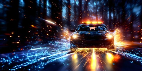 A speeding police car with flashing lights, surrounded by an abstract, dynamic background of lights and motion. Concept Speeding Police Car, Flashing Lights, Abstract Background, Dynamic Motion