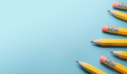 Fototapeta premium Yellow pencils on a blue background. Template Copy space for text. mockup. 3d render