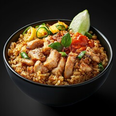 Close-up of a rice bowl with Indonesian nasi goreng and chicken. Featuring a flavorful and spicy dish. Highlighting the texture and flavors of the nasi goreng. Ideal for food and cultural themes.