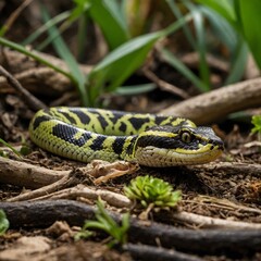 Fototapeta premium Biodiverse Harmony: Viper, Frogs, and Lizards Thriving Together in Nature