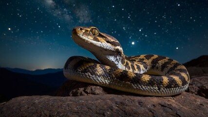 Obraz premium Serene Viper on a Rock: Illuminated by the Moon Under a Starry Night