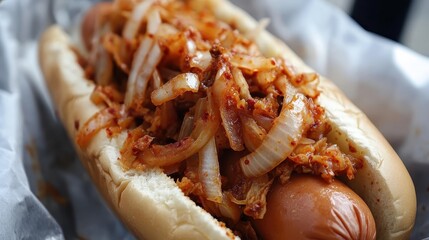 Spicy kimchi and onions top a plump hot dog in a soft bun. Perfect for food blogs, articles about Korean-fusion cuisine, or restaurant menus.