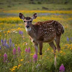 Serene Stroll: Visayan Spotted Deer Amidst a Meadow of Wildflowers