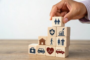 A hand stacks blocks with icons representing health, finance, and family, illustrating the concept of building a secure and balanced life.